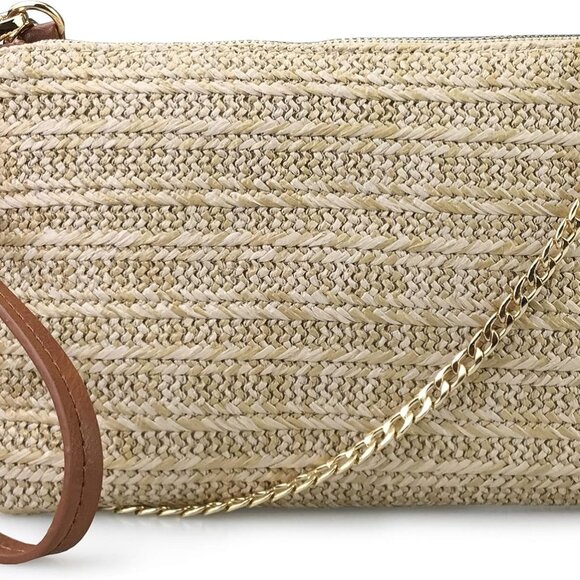 Straw Small Crossbody Bag Zipper Wristlet Purse Womens Clutch Brown - Picture 1 of 6